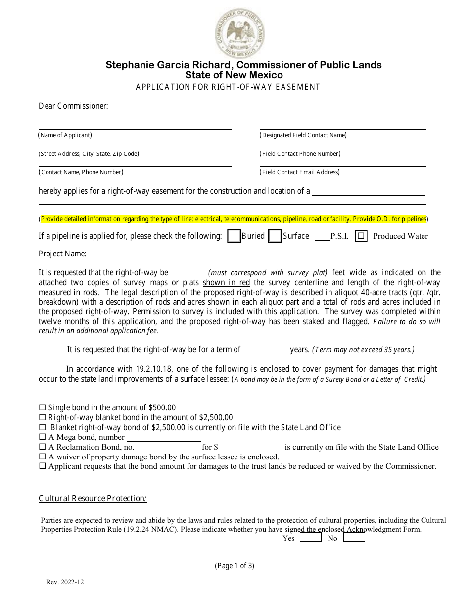 Application for Right-Of-Way Easement - New Mexico, Page 1