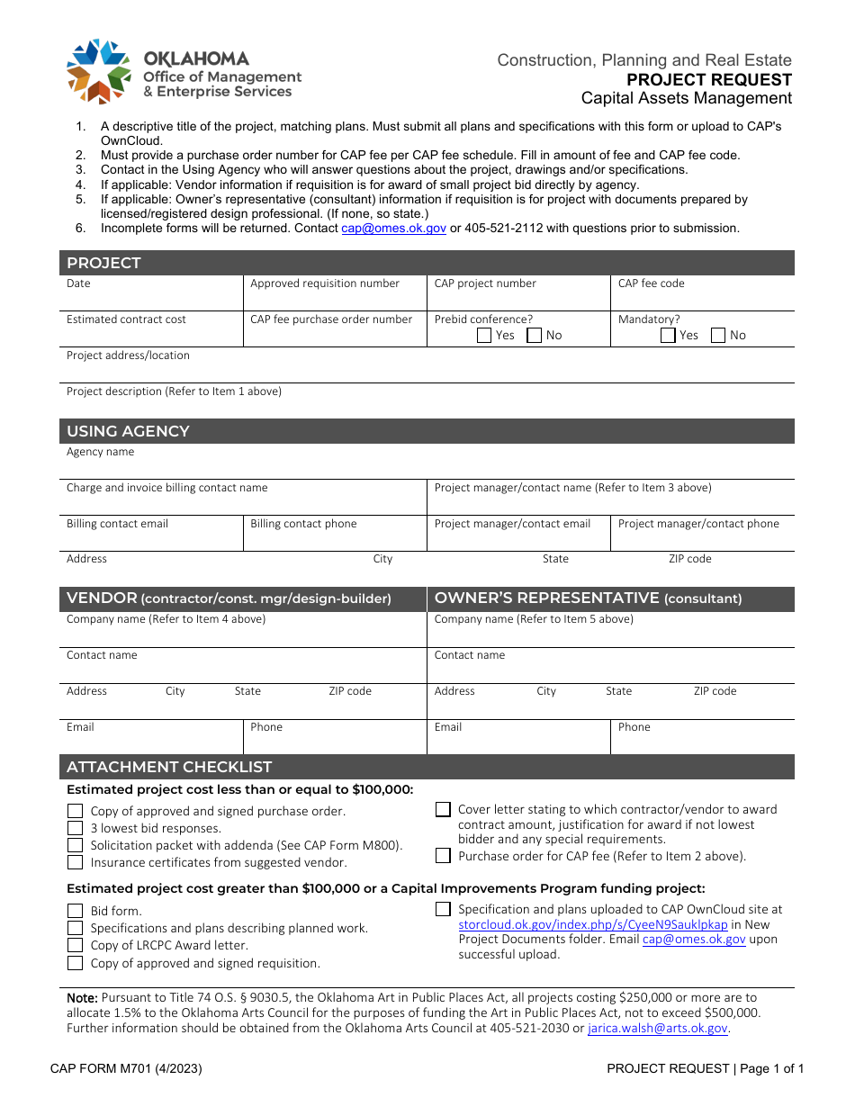 CAP Form M701 Project Request - Oklahoma, Page 1