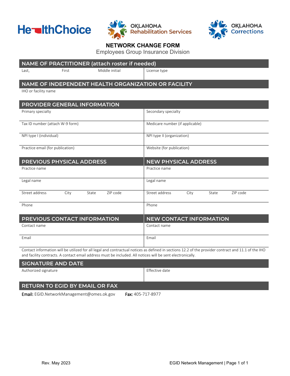 Oklahoma Network Change Form - Fill Out, Sign Online and Download PDF ...