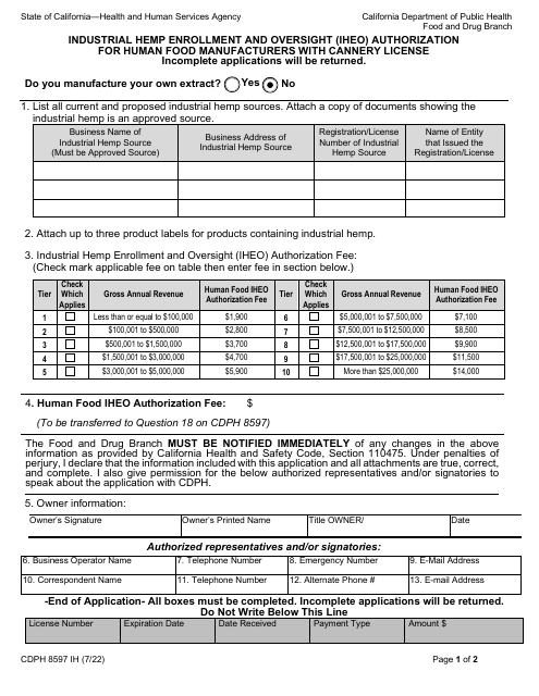 Form CDPH8597 IH Industrial Hemp Enrollment and Oversight (Iheo) Authorization for Human Food Manufacturers With Cannery License - California
