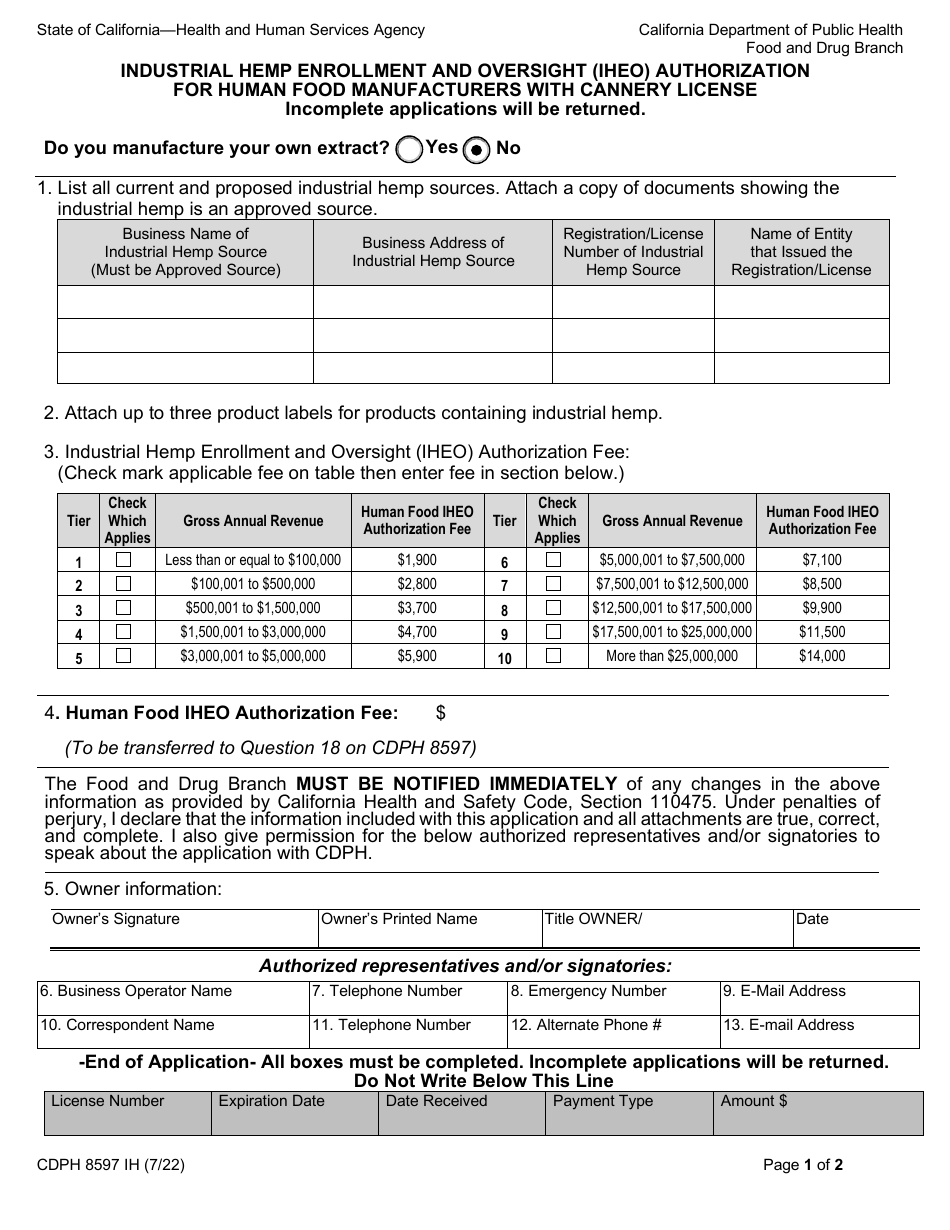 Form CDPH8597 IH Industrial Hemp Enrollment and Oversight (Iheo) Authorization for Human Food Manufacturers With Cannery License - California, Page 1