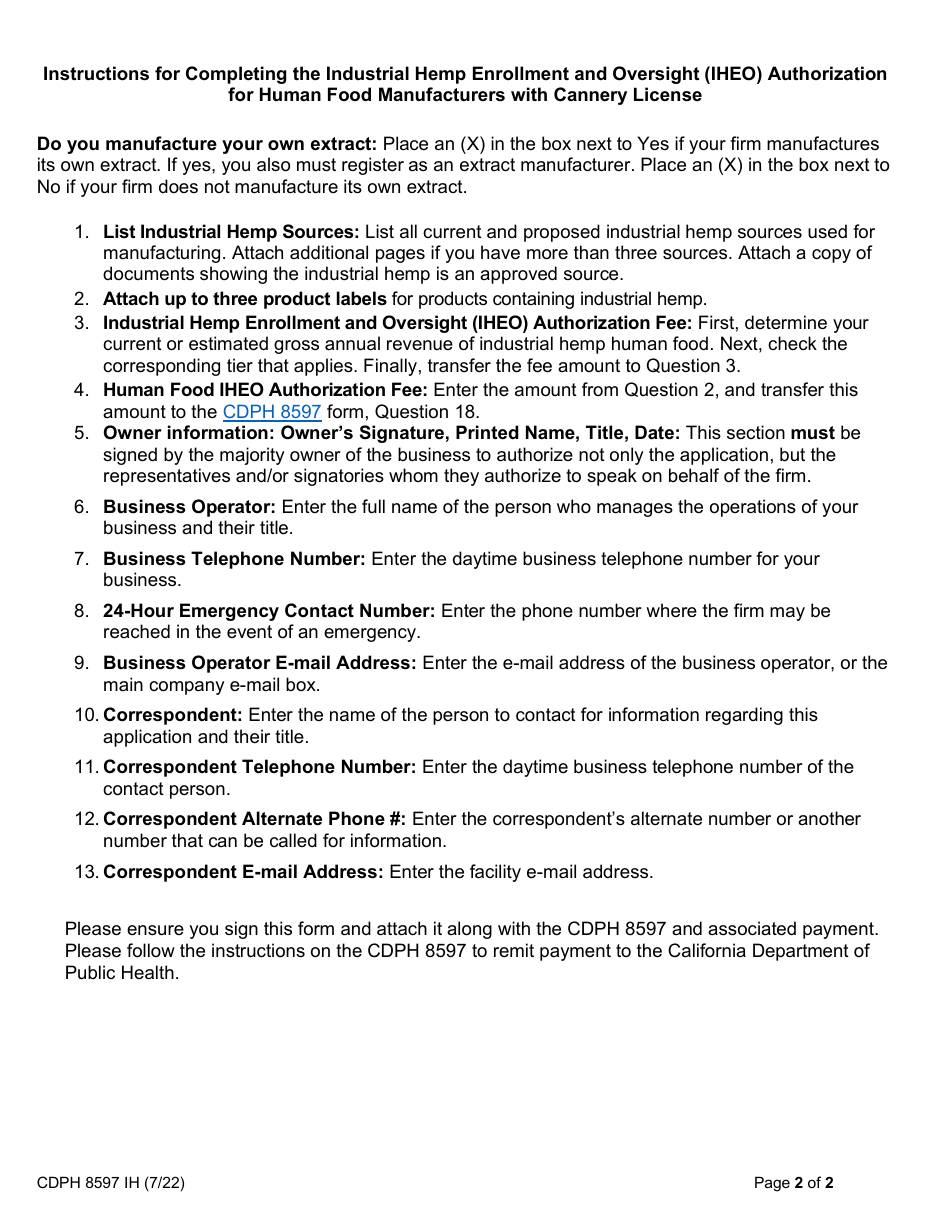 Form CDPH8597 IH Industrial Hemp Enrollment and Oversight (Iheo) Authorization for Human Food Manufacturers With Cannery License - California, Page 2