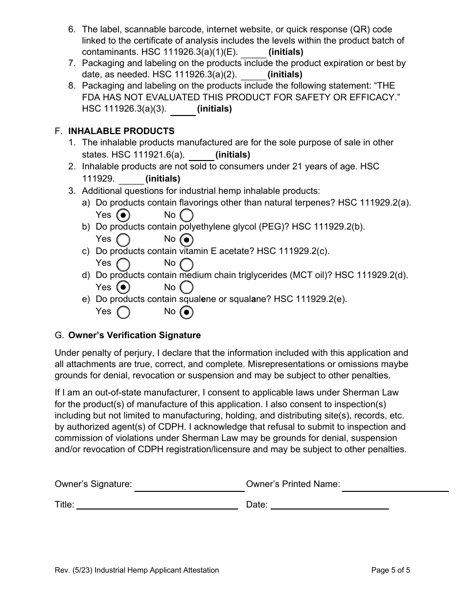 Form CDPH8597 IH Industrial Hemp Enrollment and Oversight (Iheo) Authorization for Human Food Manufacturers With Cannery License - California, Page 7
