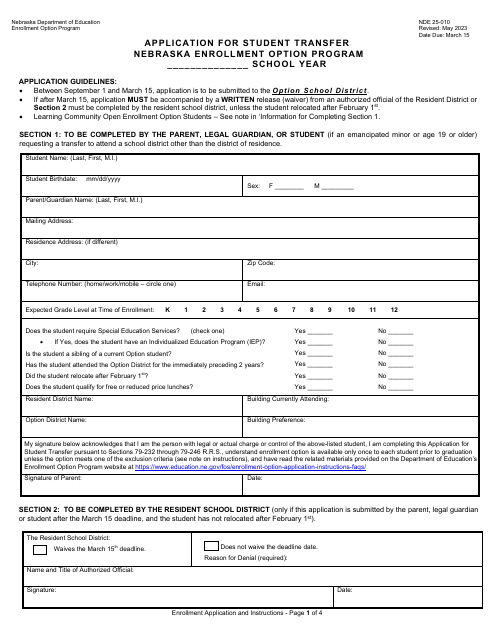 Form NDE25-010 Application for Student Transfer Nebraska Enrollment Option Program - Nebraska