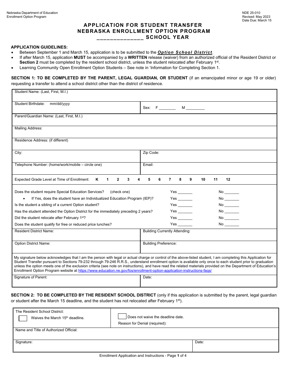 Form NDE25-010 Application for Student Transfer Nebraska Enrollment Option Program - Nebraska, Page 1
