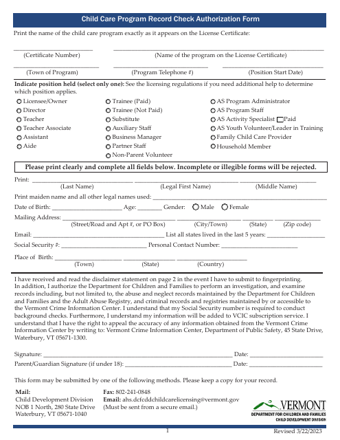 Child Care Program Record Check Authorization Form - Vermont Download Pdf