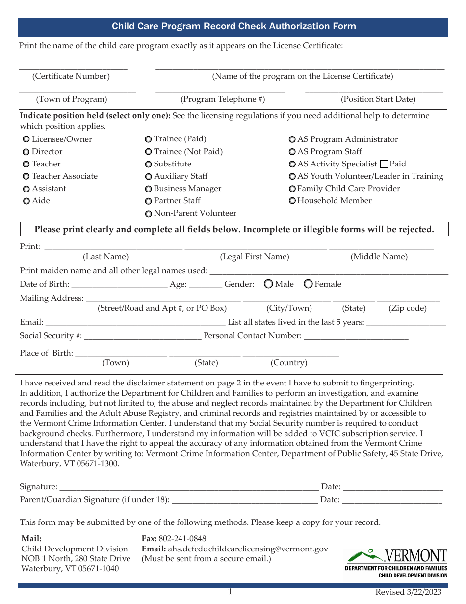 Child Care Program Record Check Authorization Form - Vermont, Page 1