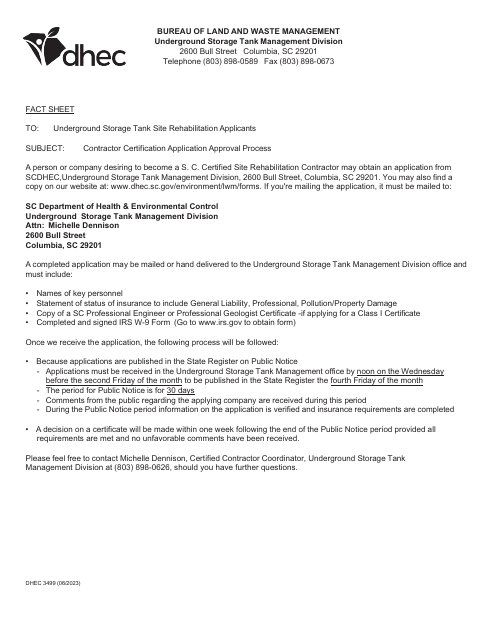 DHEC Form 3499 Site Rehabilitation Contractor Certification Application - South Carolina