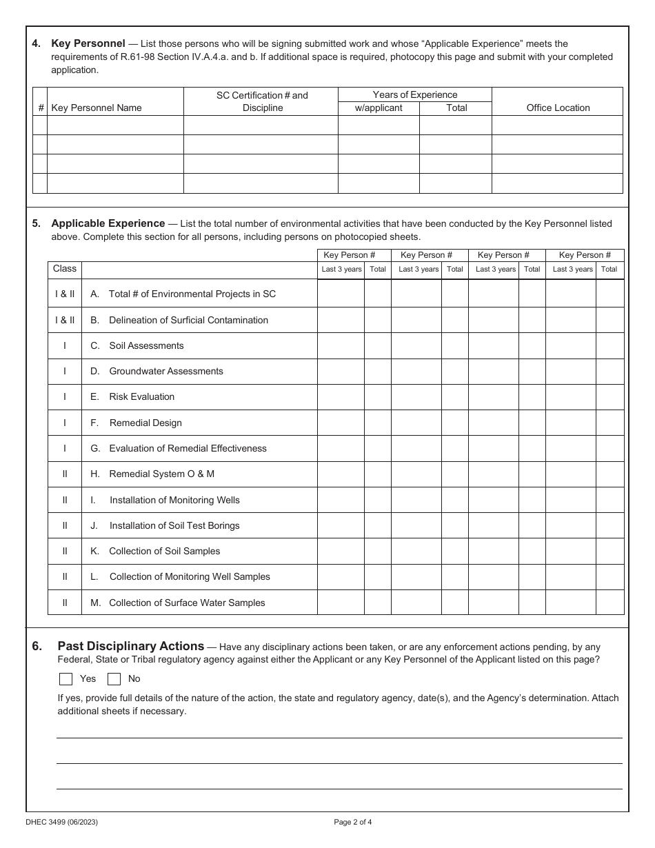 DHEC Form 3499 Site Rehabilitation Contractor Certification Application - South Carolina, Page 3