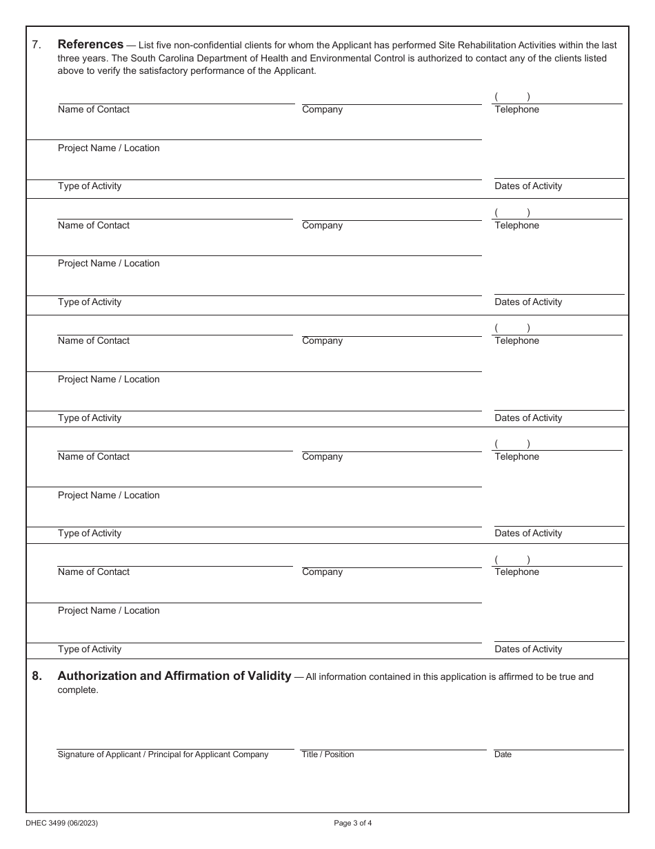 DHEC Form 3499 Site Rehabilitation Contractor Certification Application - South Carolina, Page 4