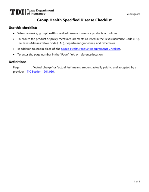 Form AH009 Group Health Specified Disease Checklist - Texas
