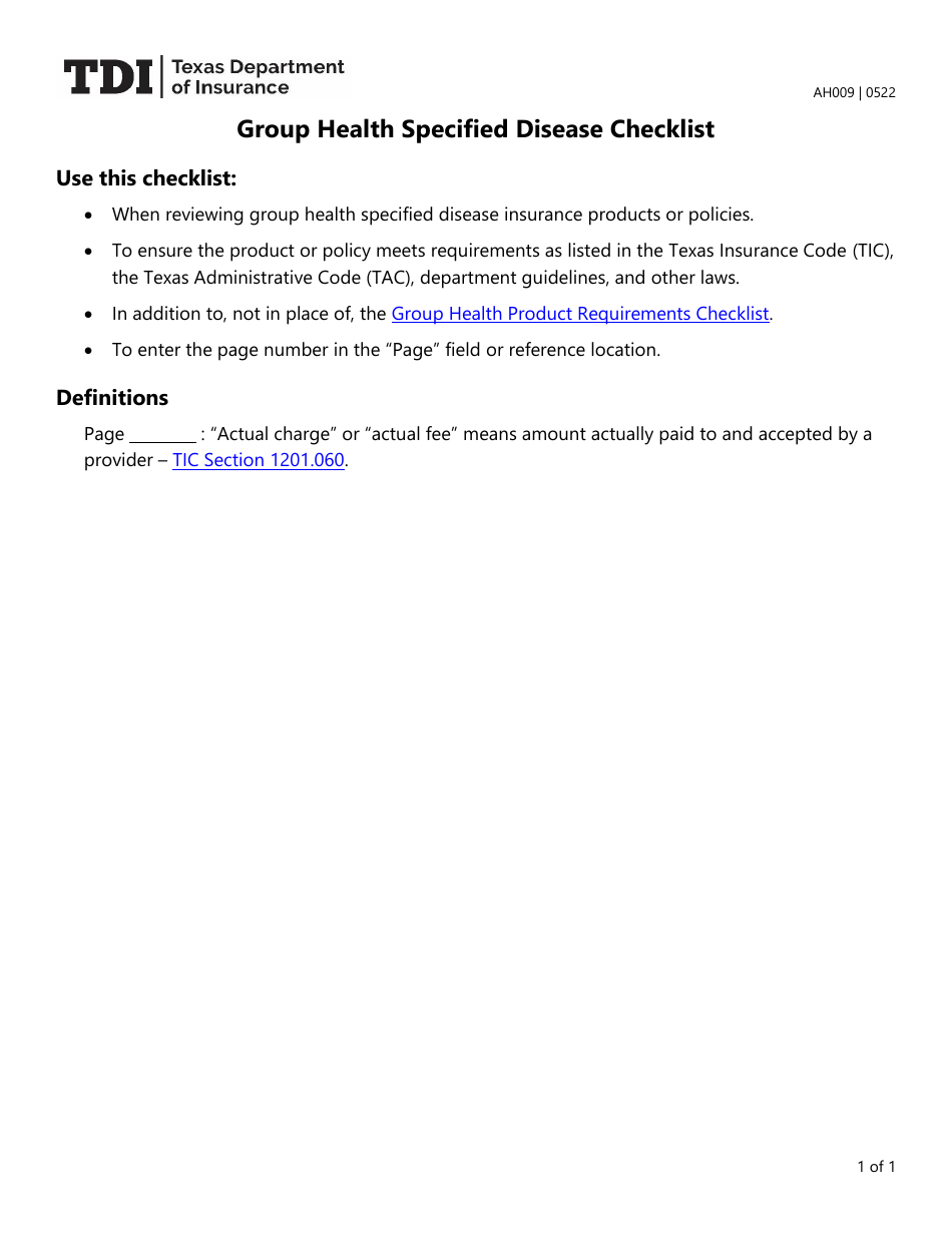 Form AH009 Group Health Specified Disease Checklist - Texas, Page 1