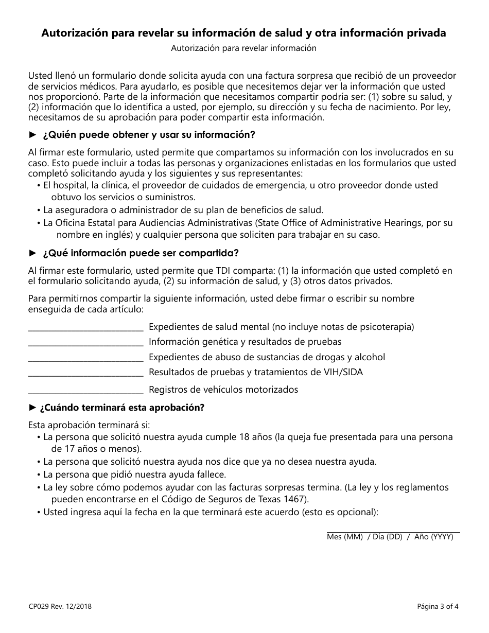 Formulario CP029-SP Obtenga Ayuda Si Recibio Una Factura Sorpresa De Un Proveedor De Servicios Medicos - Texas (Spanish), Page 3