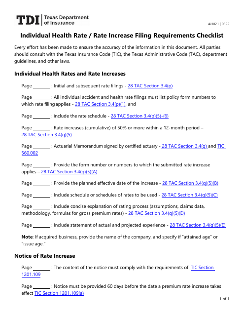 Form AH021 Individual Health Rate/Rate Increase Filing Requirements Checklist - Texas