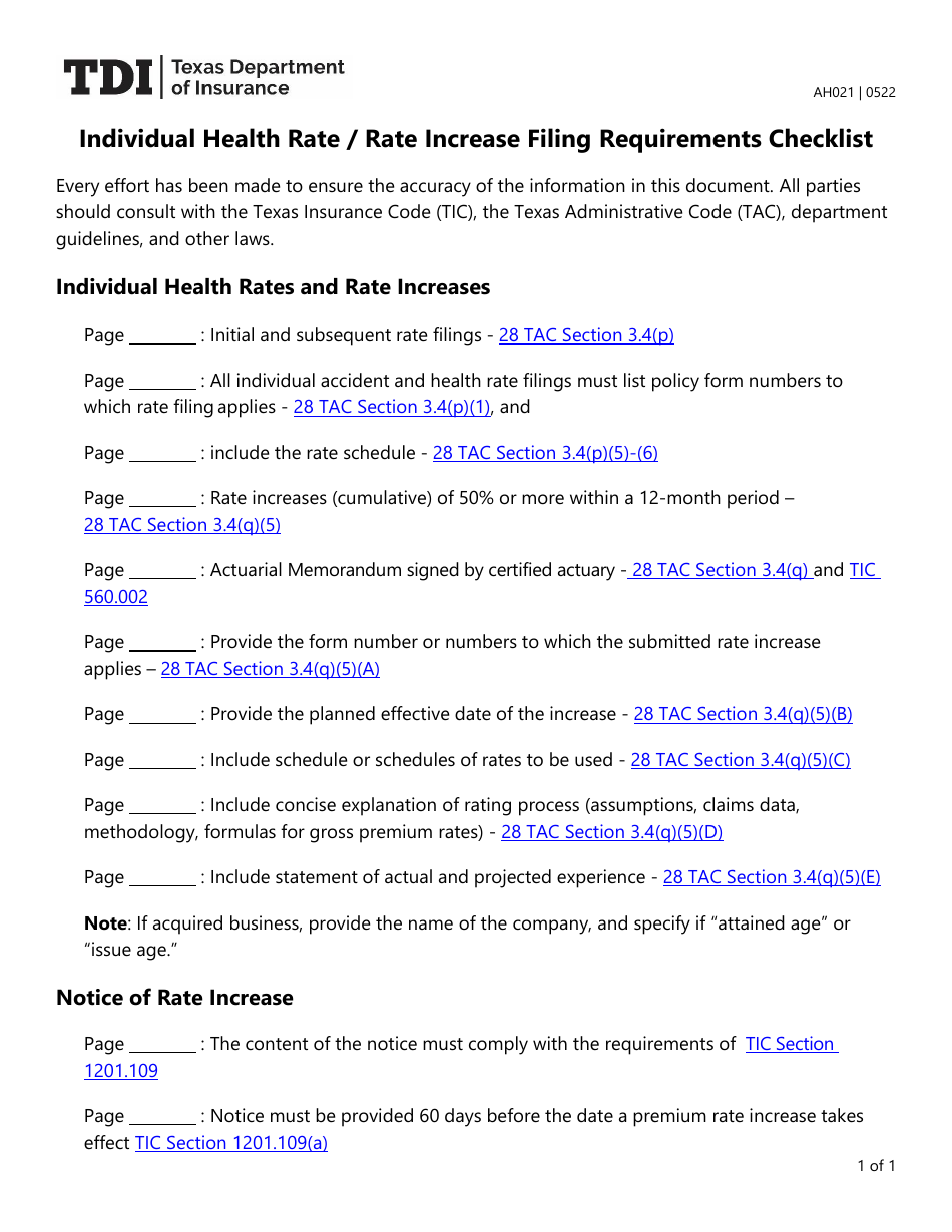 Form AH021 Download Fillable PDF or Fill Online Individual Health Rate/Rate Increase Filing