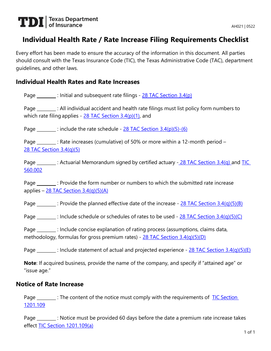 Form AH021 Individual Health Rate / Rate Increase Filing Requirements Checklist - Texas, Page 1