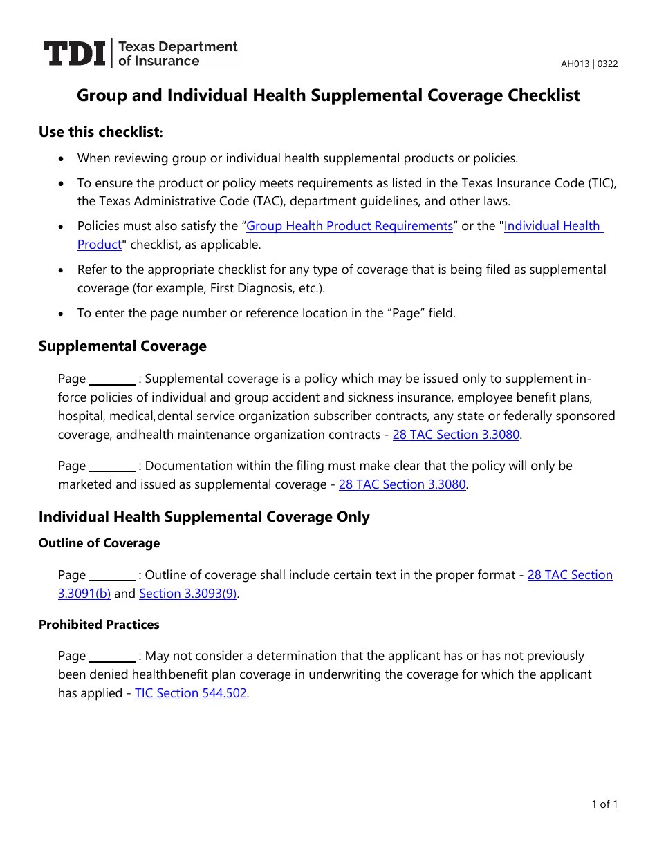 Form AH013 Group and Individual Health Supplemental Coverage Checklist - Texas, Page 1