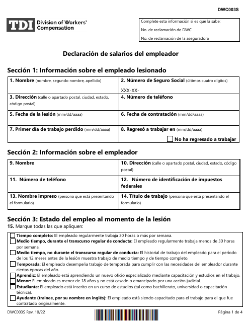 Formulario DWC003S Declaracion De Salarios Del Empleador - Texas (Spanish)