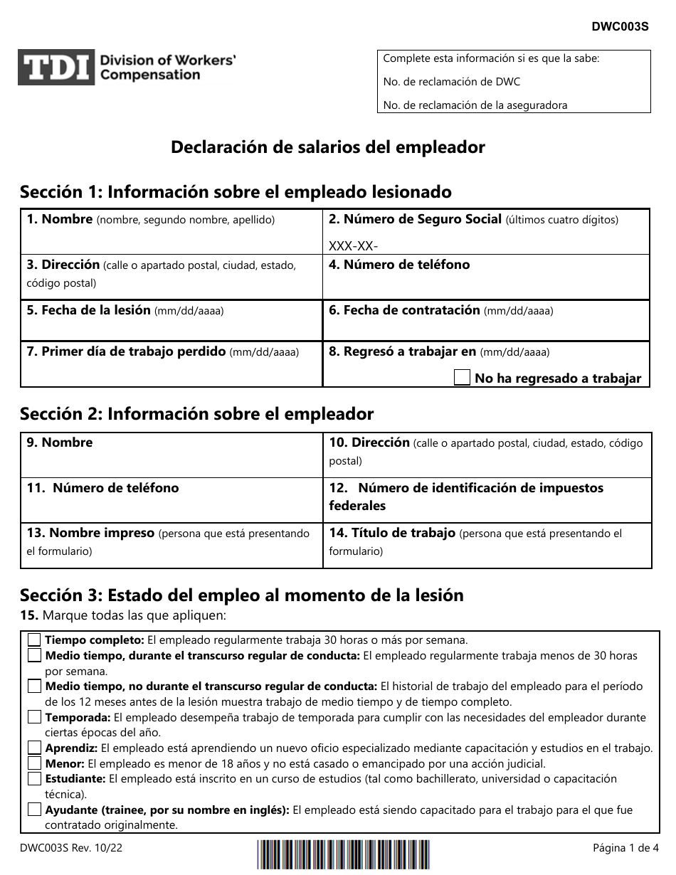 Formulario DWC003S Declaracion De Salarios Del Empleador - Texas (Spanish), Page 1