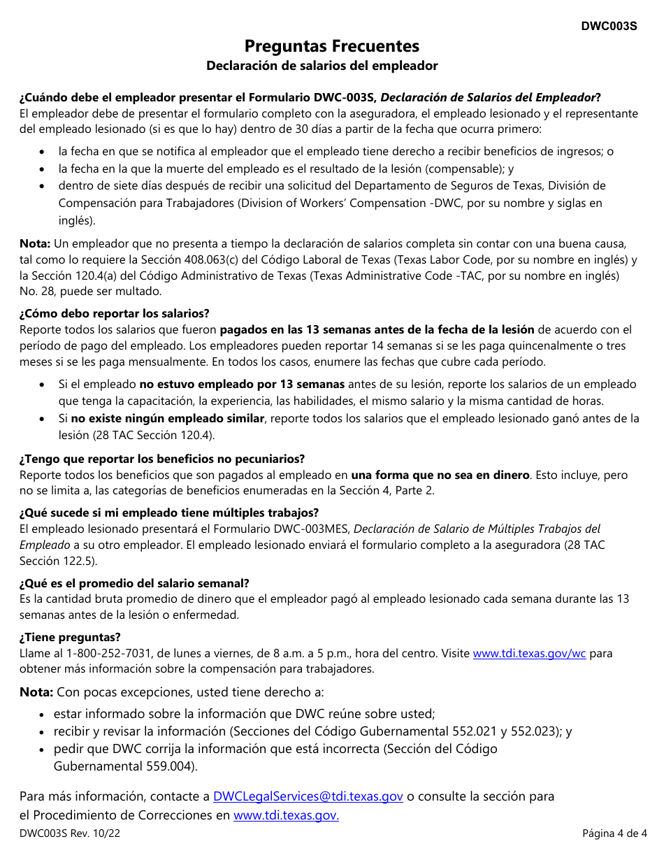 Formulario DWC003S Declaracion De Salarios Del Empleador - Texas (Spanish), Page 4