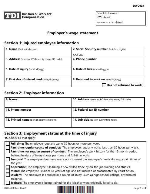 Form DWC003 Employer's Wage Statement - Texas