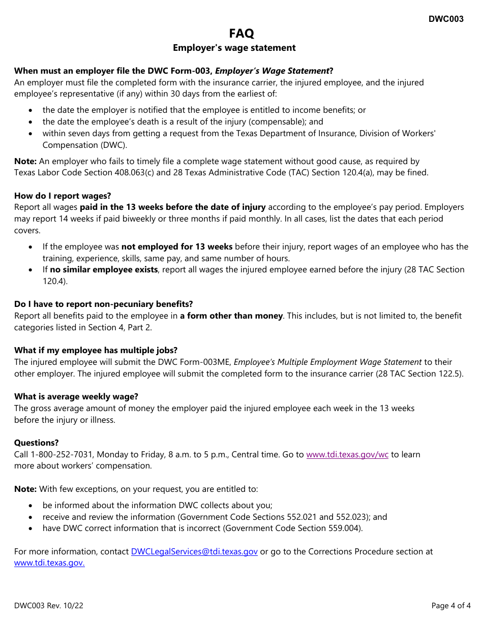Form DWC003 Employers Wage Statement - Texas, Page 4