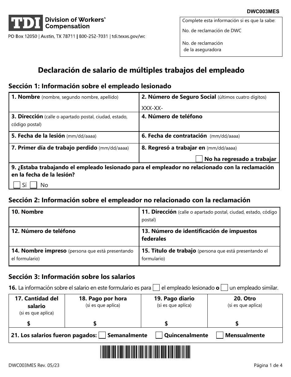 Formulario DWC003MES Declaracion De Salario De Multiples Trabajos Del Empleado - Texas (Spanish), Page 1
