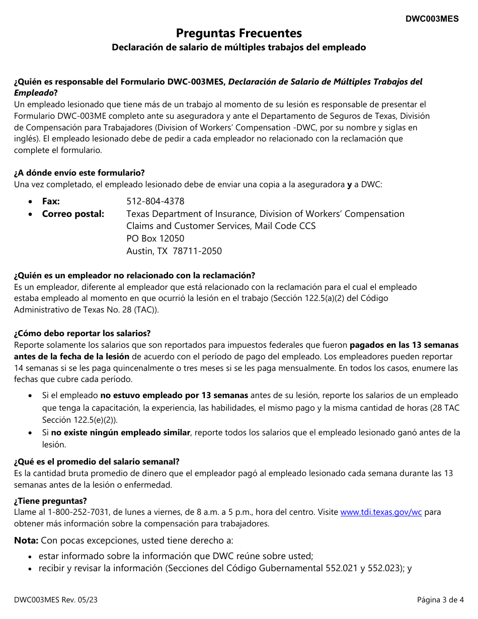 Formulario DWC003MES Declaracion De Salario De Multiples Trabajos Del Empleado - Texas (Spanish), Page 3