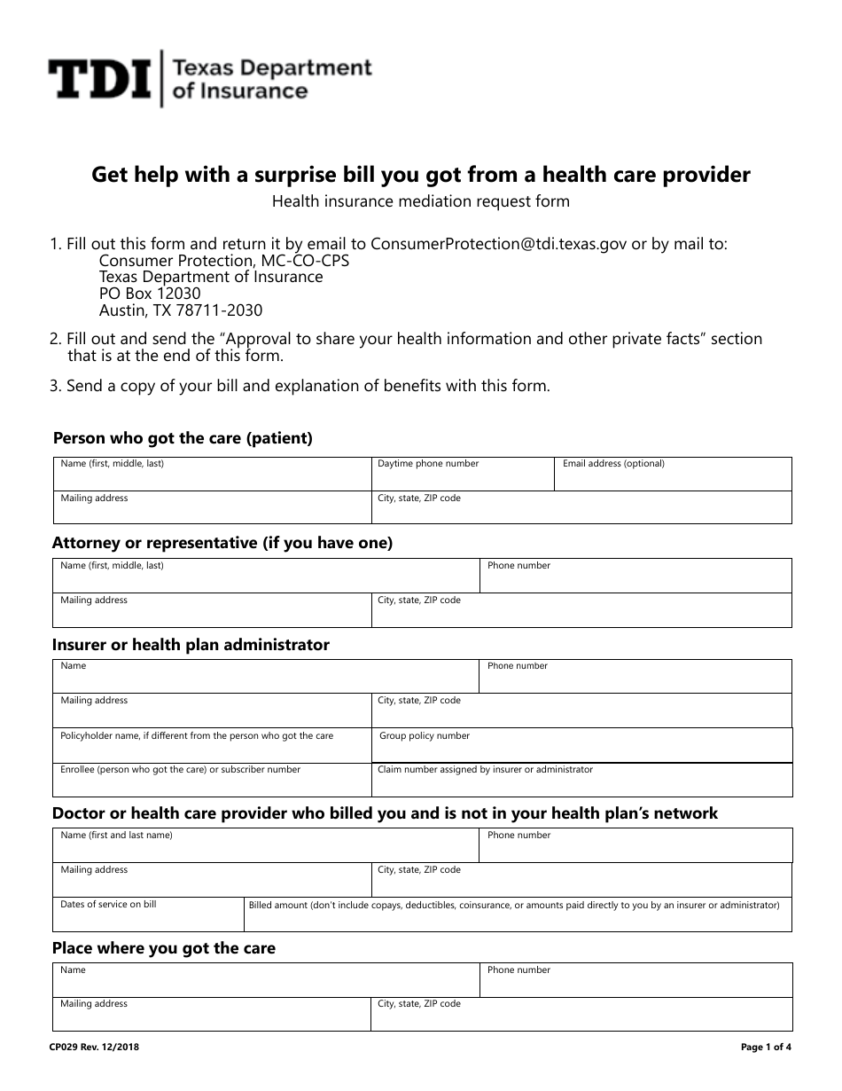 Form CP029 Health Insurance Mediation Request Form - Texas, Page 1