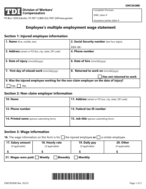 Form DWC003ME Employee's Multiple Employment Wage Statement - Texas