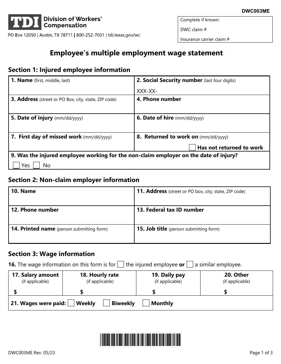 Form DWC003ME Employees Multiple Employment Wage Statement - Texas, Page 1