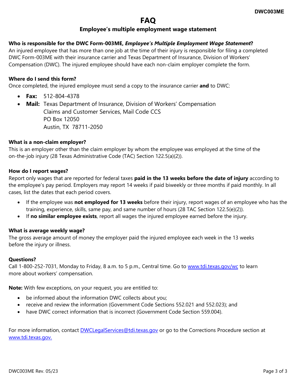 Form DWC003ME Employees Multiple Employment Wage Statement - Texas, Page 3