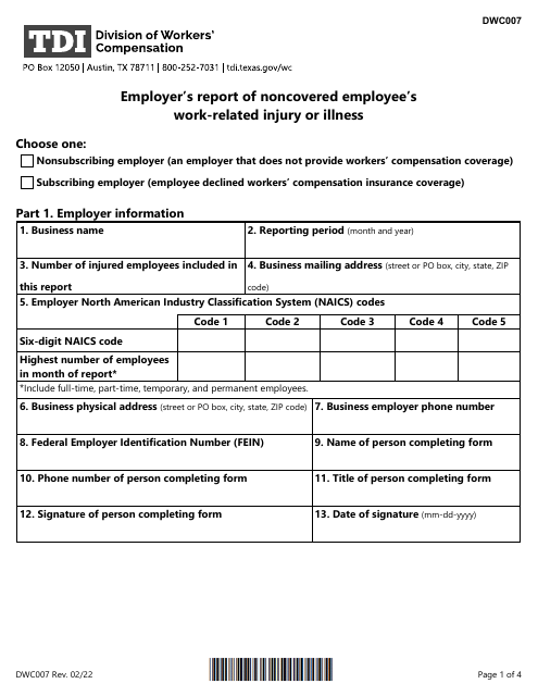 Form DWC007 Employer's Report of Noncovered Employee's Work-Related Injury or Illness - Texas