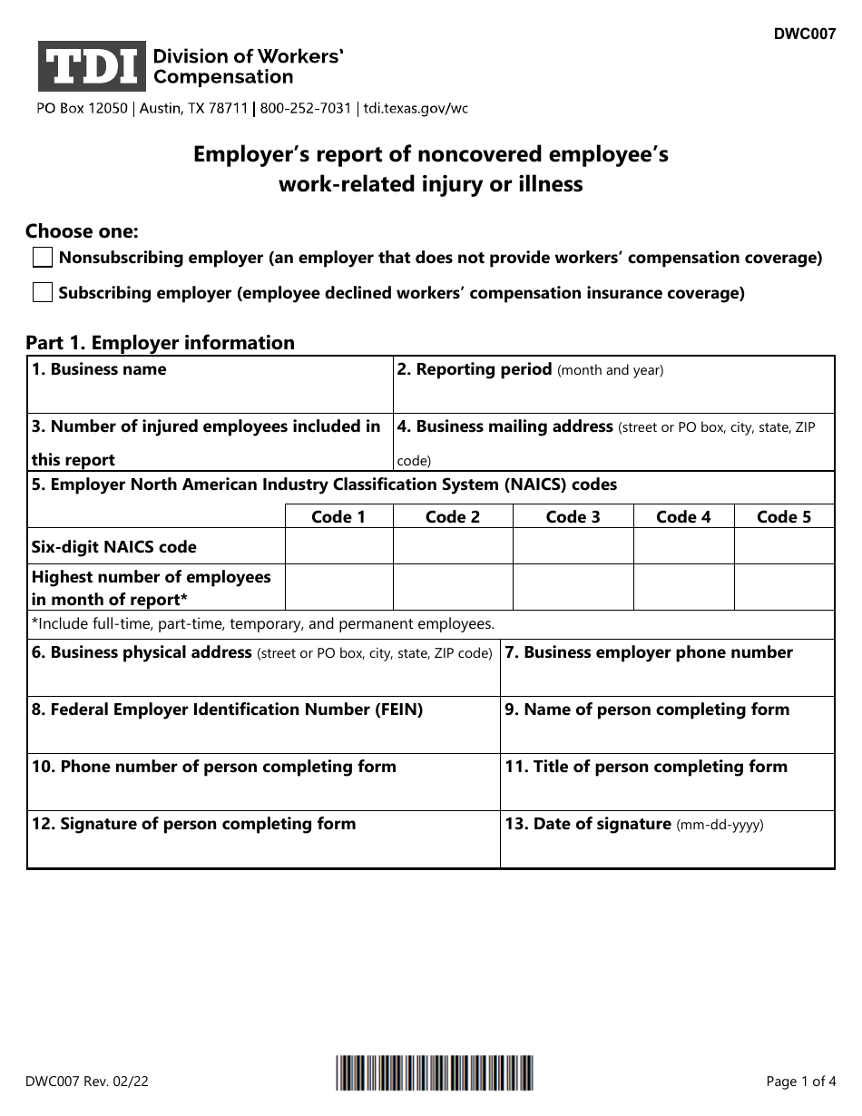 Form DWC007 Employers Report of Noncovered Employees Work-Related Injury or Illness - Texas, Page 1