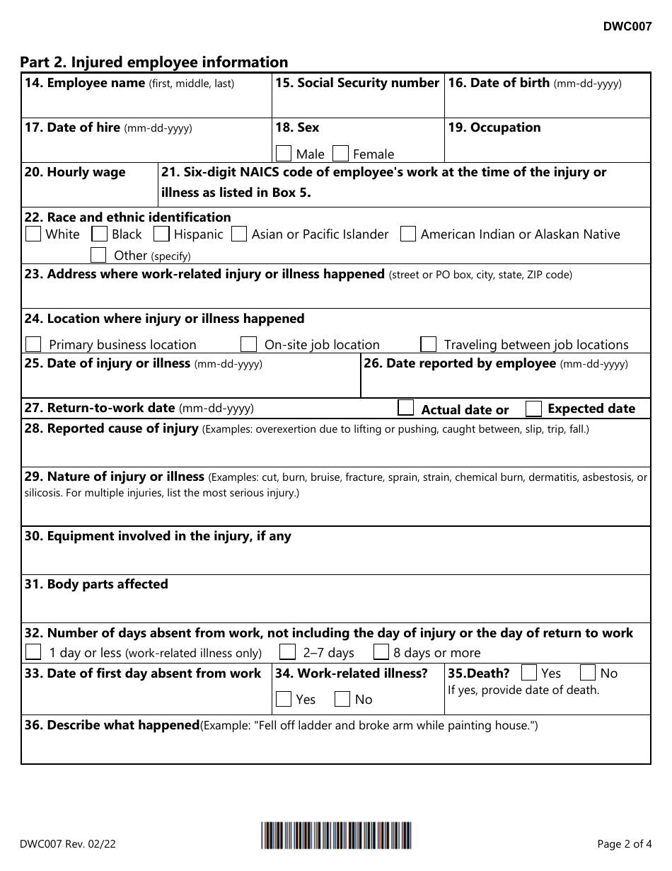 Form DWC007 Employers Report of Noncovered Employees Work-Related Injury or Illness - Texas, Page 2