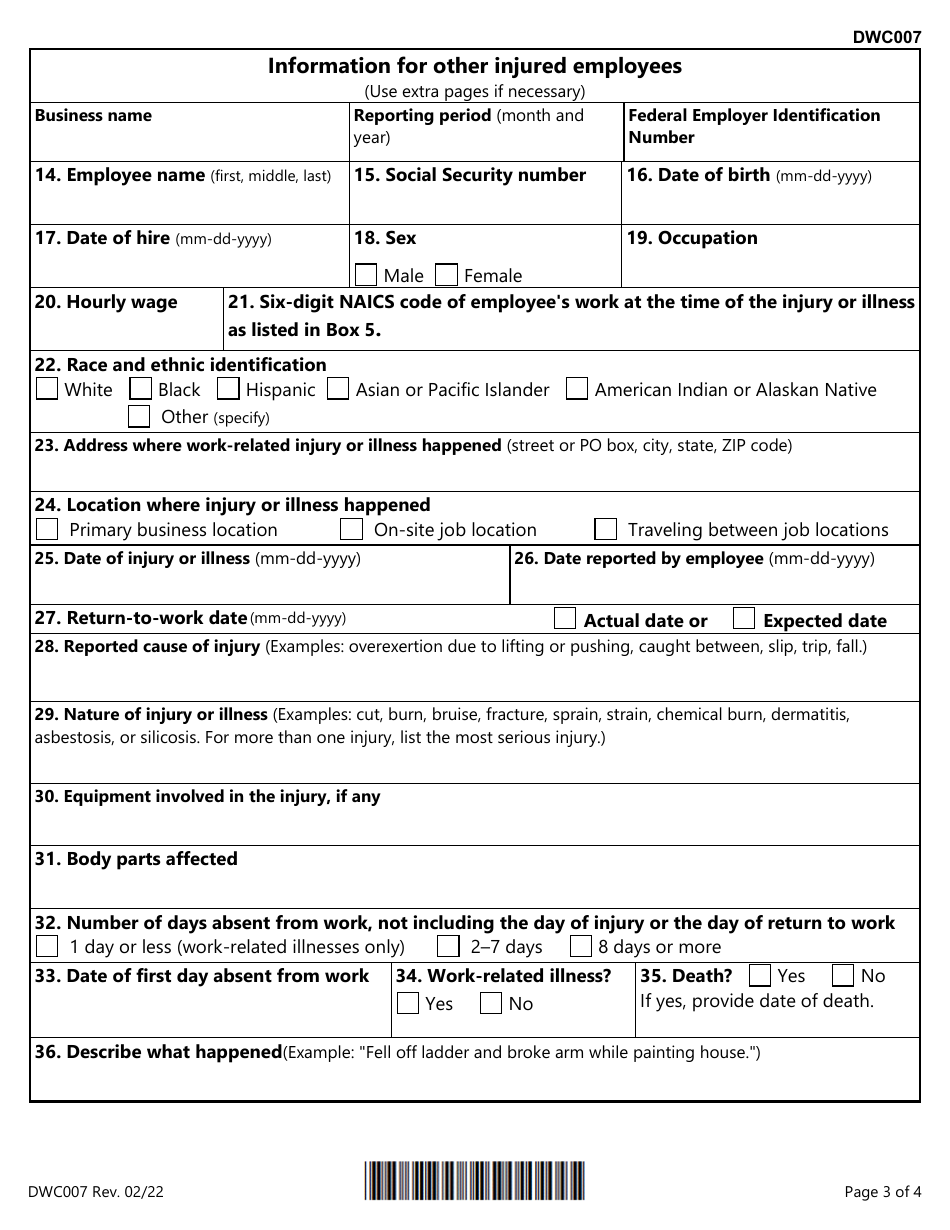 Form DWC007 Employers Report of Noncovered Employees Work-Related Injury or Illness - Texas, Page 3