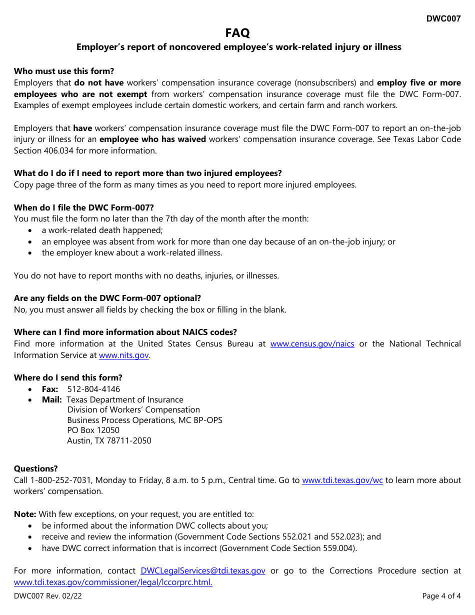 Form DWC007 Employers Report of Noncovered Employees Work-Related Injury or Illness - Texas, Page 4