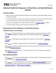 Form AH020 Individual Health First Diagnosis or Critical Illness and Specified Disease Checklist - Texas