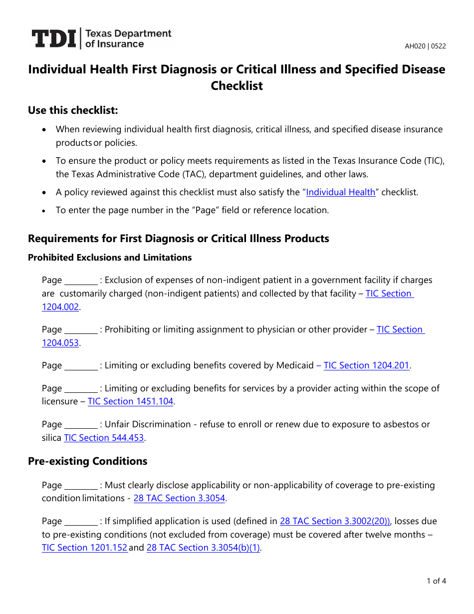 Form AH020 Individual Health First Diagnosis or Critical Illness and Specified Disease Checklist - Texas, Page 1