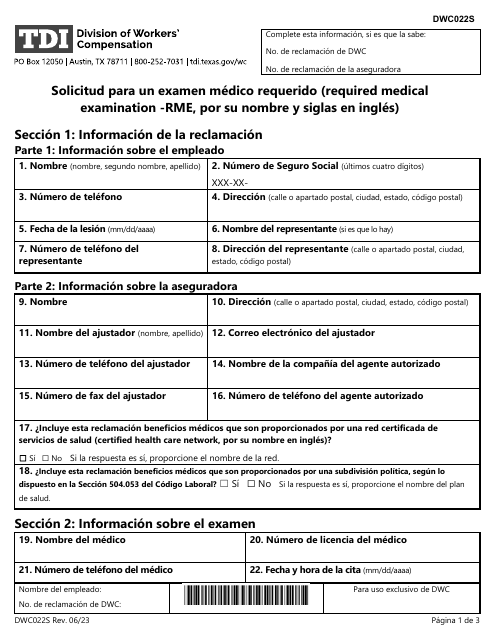 Formulario DWC022S Solicitud Para Un Examen Medico Requerido (Required Medical Examination -rme, Por Su Nombre Y Siglas En Ingles) - Texas (Spanish)