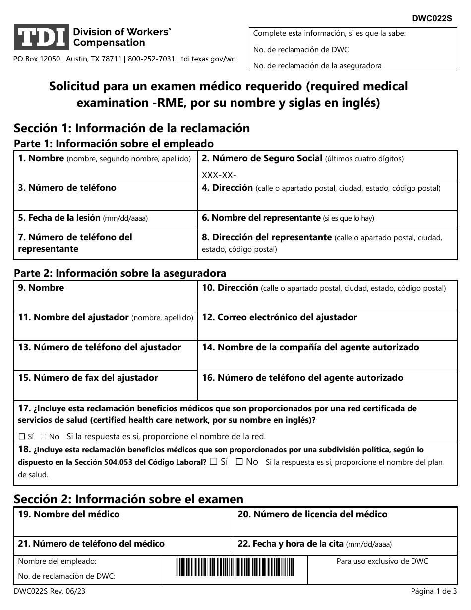 Formulario DWC022S Solicitud Para Un Examen Medico Requerido (Required Medical Examination -rme, Por Su Nombre Y Siglas En Ingles) - Texas (Spanish), Page 1