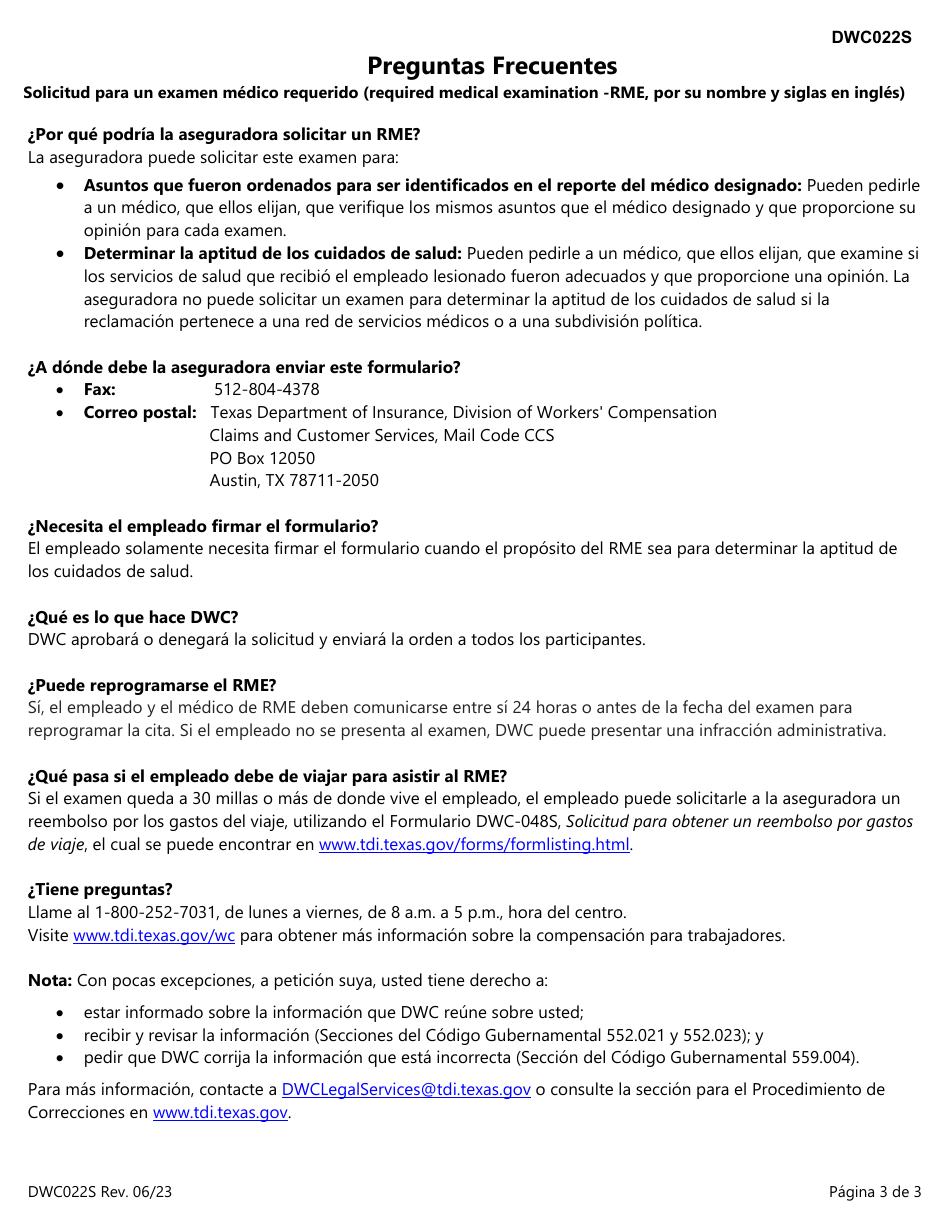 Formulario DWC022S Solicitud Para Un Examen Medico Requerido (Required Medical Examination -rme, Por Su Nombre Y Siglas En Ingles) - Texas (Spanish), Page 3