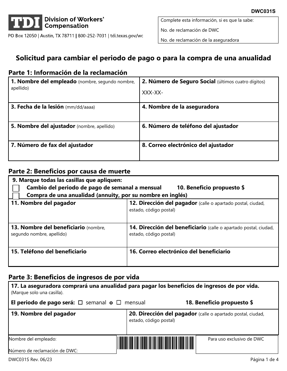 Formulario DWC031S Solicitud Para Cambiar El Periodo De Pago O Para La Compra De Una Anualidad - Texas (Spanish), Page 1