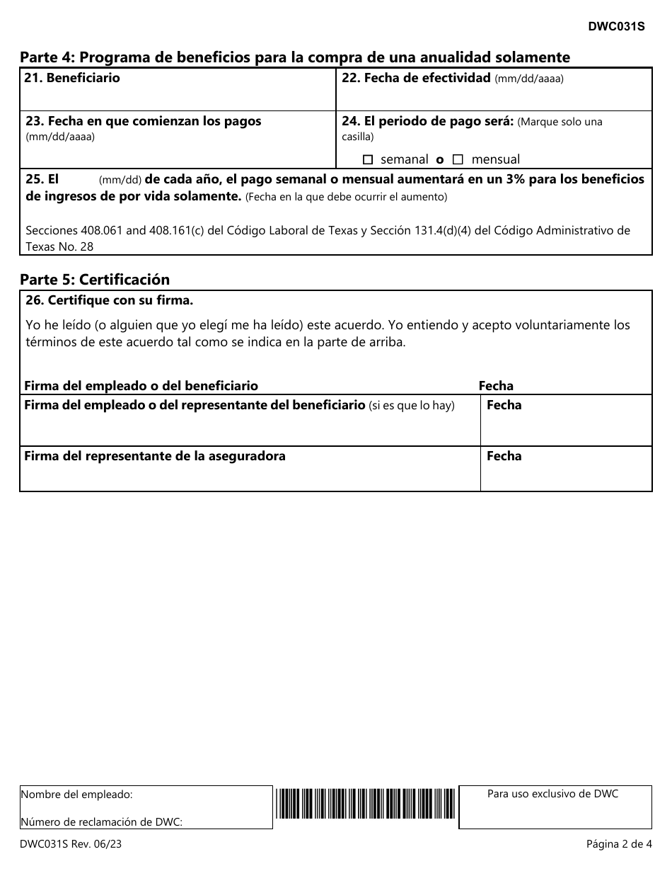 Formulario DWC031S Solicitud Para Cambiar El Periodo De Pago O Para La Compra De Una Anualidad - Texas (Spanish), Page 2