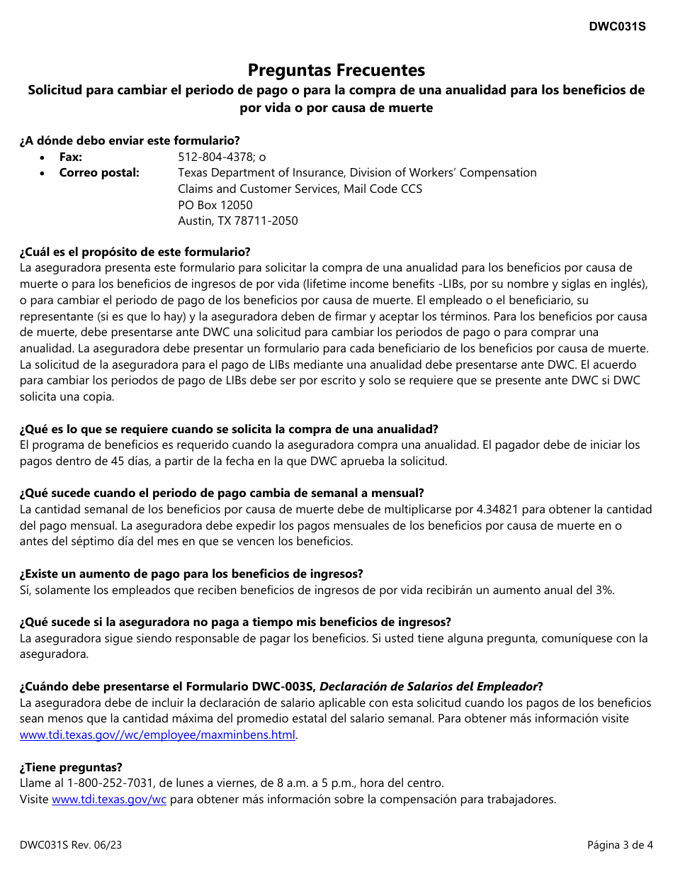 Formulario DWC031S Solicitud Para Cambiar El Periodo De Pago O Para La Compra De Una Anualidad - Texas (Spanish), Page 3
