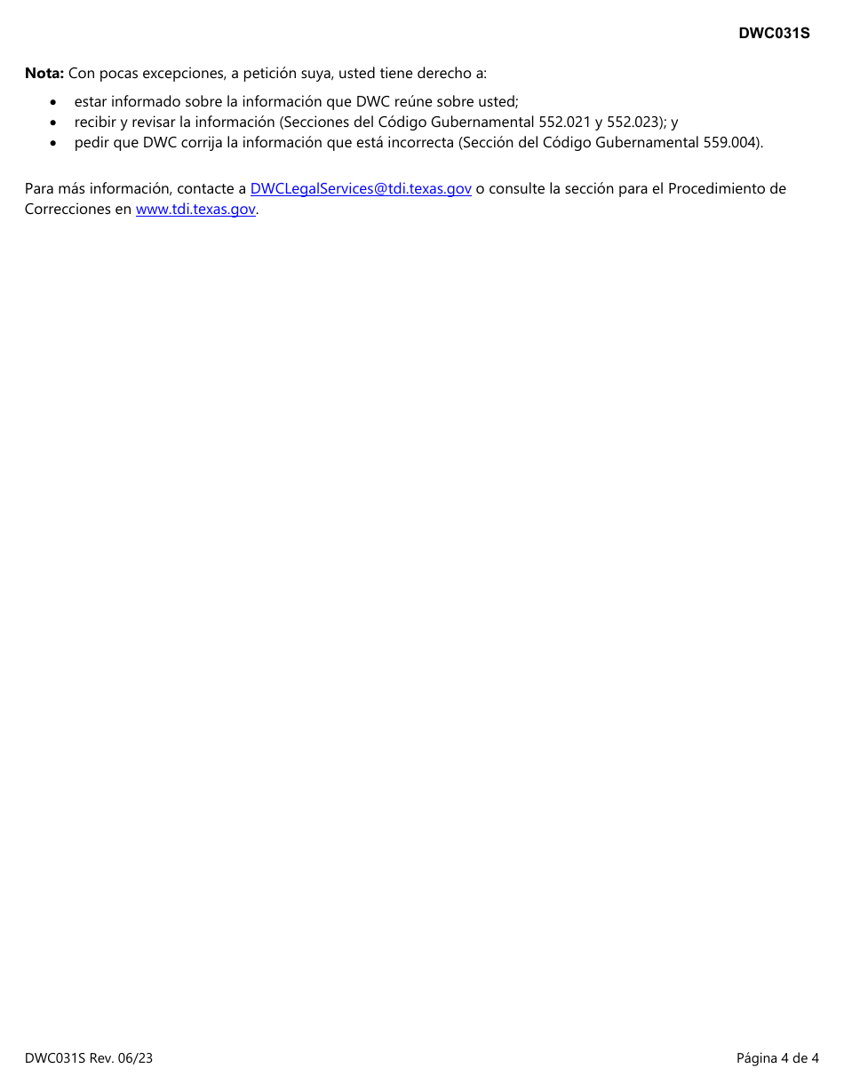 Formulario DWC031S Solicitud Para Cambiar El Periodo De Pago O Para La Compra De Una Anualidad - Texas (Spanish), Page 4