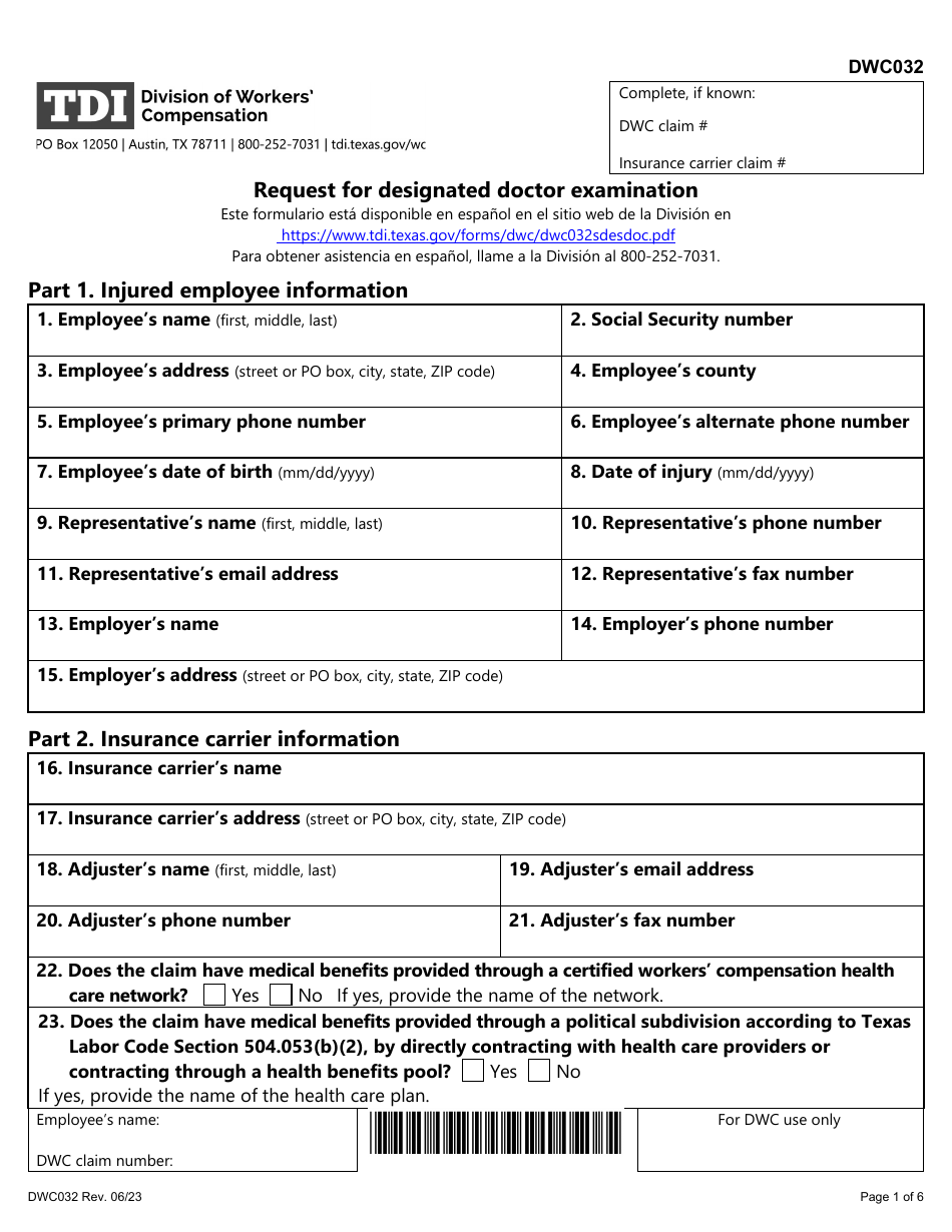 Form DWC032 Request for Designated Doctor Examination - Texas, Page 1