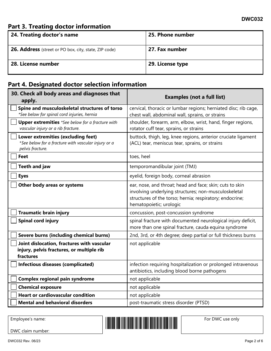 Form DWC032 Request for Designated Doctor Examination - Texas, Page 2
