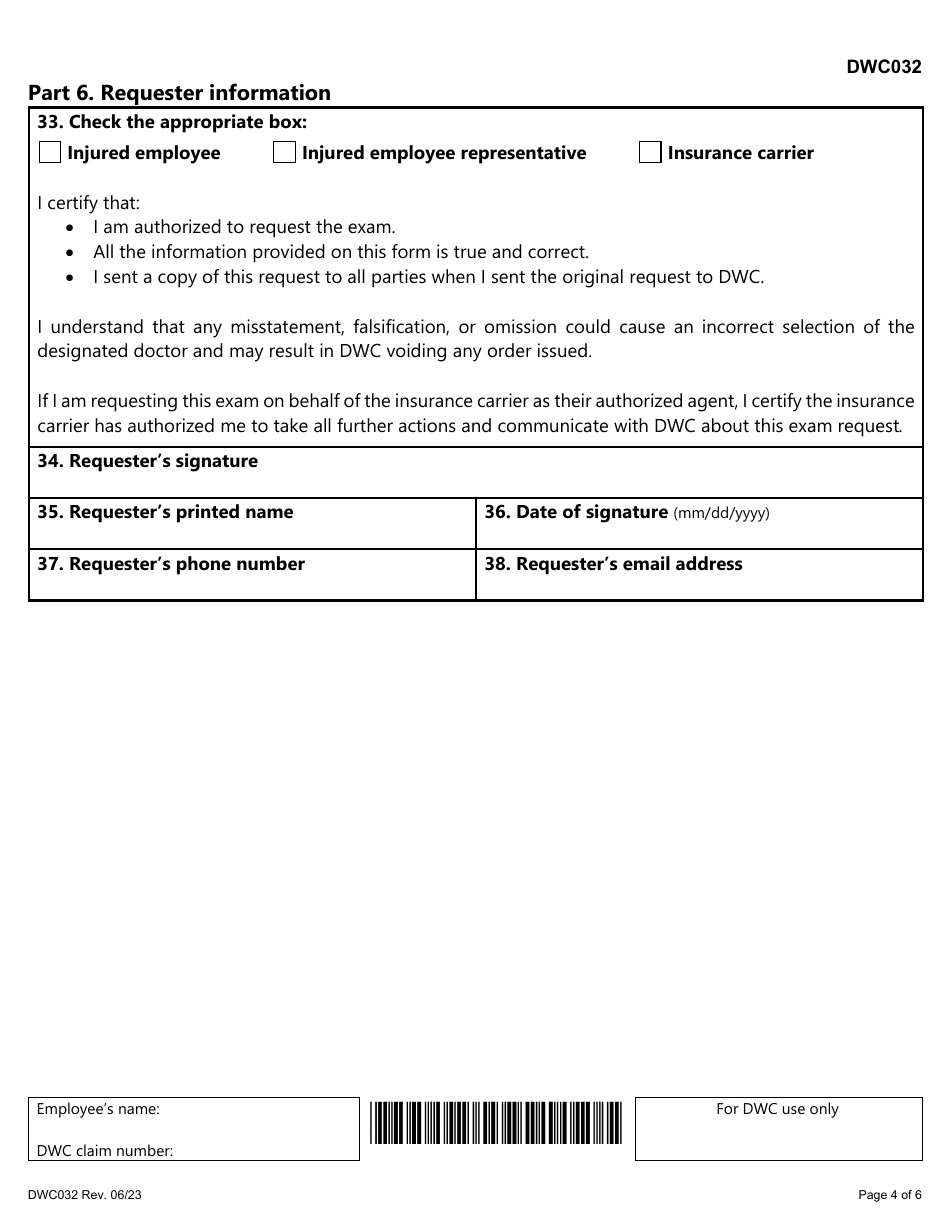 Form DWC032 Request for Designated Doctor Examination - Texas, Page 4