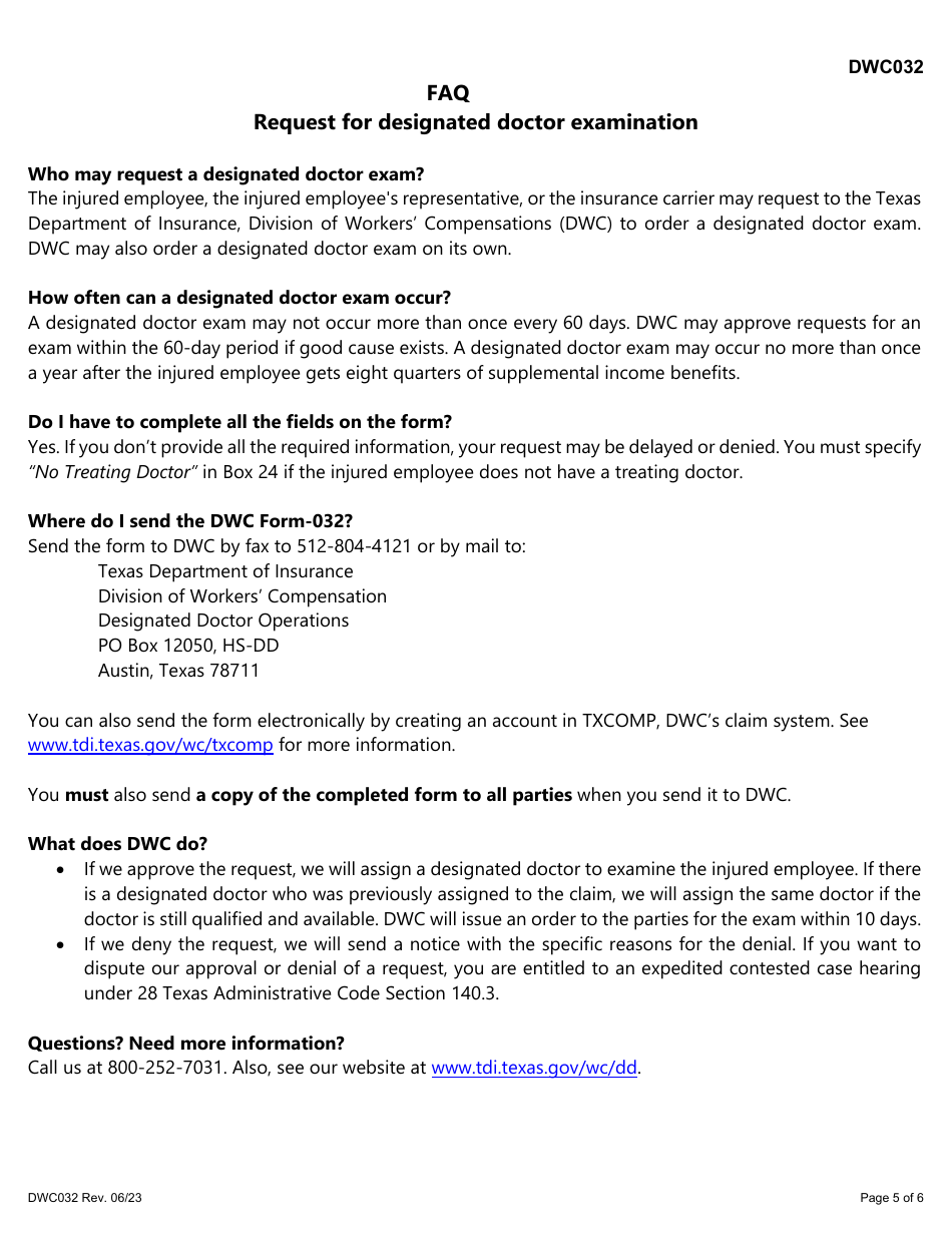 Form DWC032 Request for Designated Doctor Examination - Texas, Page 5